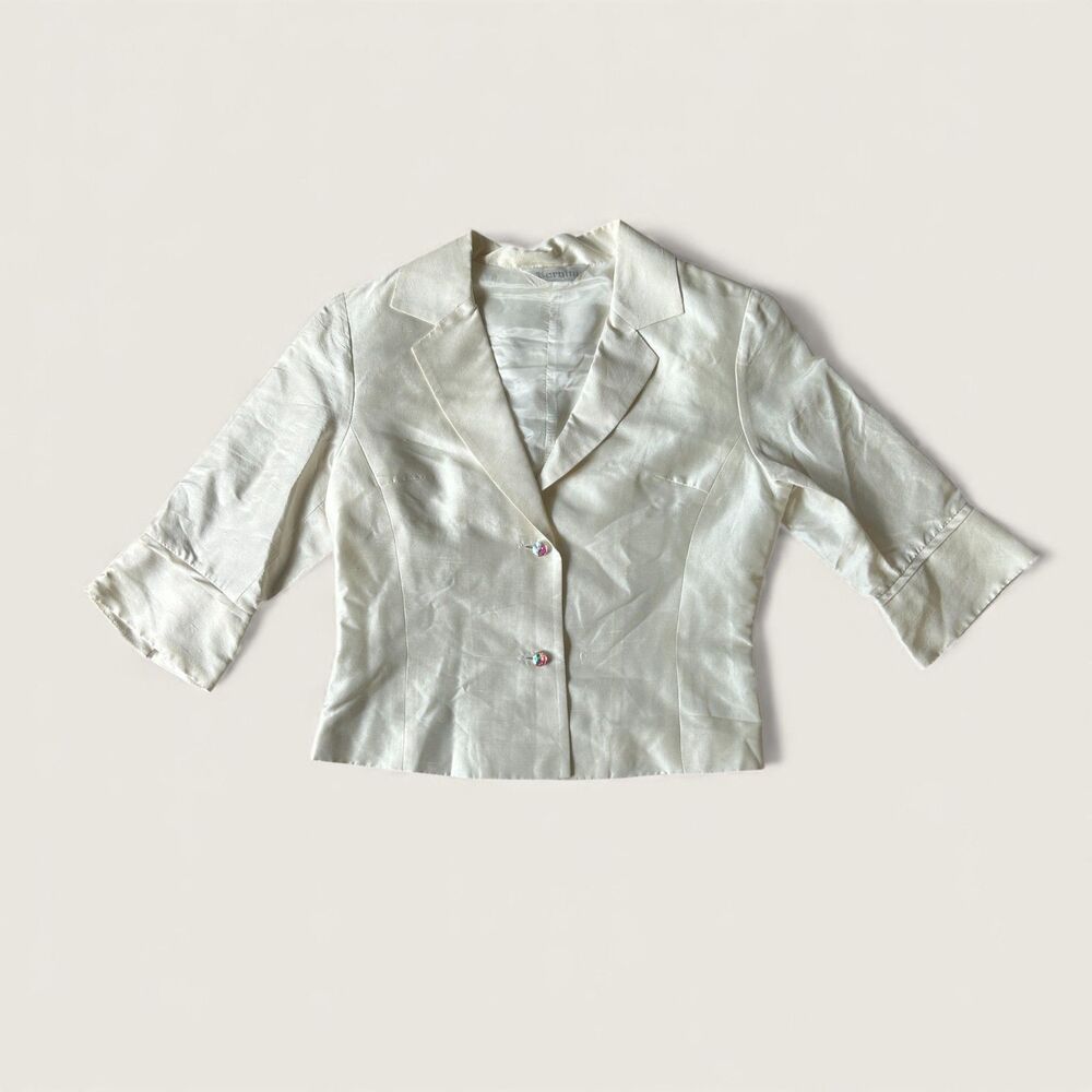 Vintage Bernini Raw Silk Cropped Blazer Women’s Ivory Bow Sleeve 90s 3/4 Sleeve